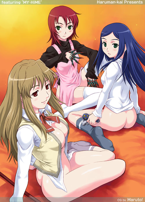 maruto!, fujino shizuru, kuga natsuki, yuuki nao, my-hime, 00s, 3girls, apron, ass, bottomless, breasts, cleavage, large breasts, multiple girls, no panties, open clothes, open shirt, shirt, socks, thighhighs