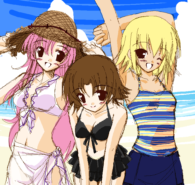 yuki usagi, cagalli yula athha, lacus clyne, miriallia haw, gundam, gundam seed, 00s, 3girls, beach, bikini, black bikini, blonde hair, day, hat, multiple girls, ocean, open mouth, pink hair, sketch, smile, split mouth, straw hat, swimsuit, white bikini