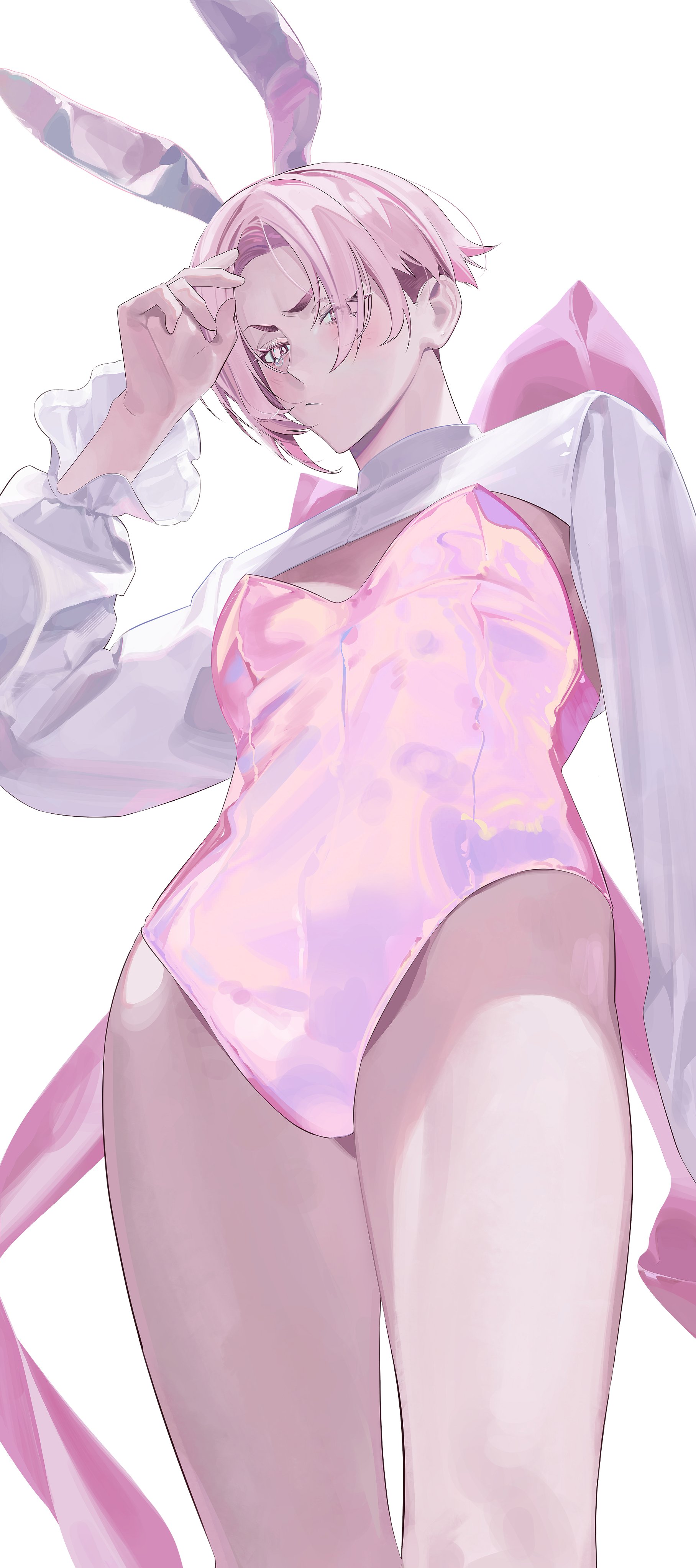 sendou shuuto, blue lock, absurdres, highres, 1boy, alternate costume, animal ears, bunny day, closed mouth, crossdressing, crossdressing (mtf), from below, linus 02202, looking at viewer, male focus, male playboy bunny, pink eyes, pink hair, rabbit ears, short hair, simple background, solo, white background