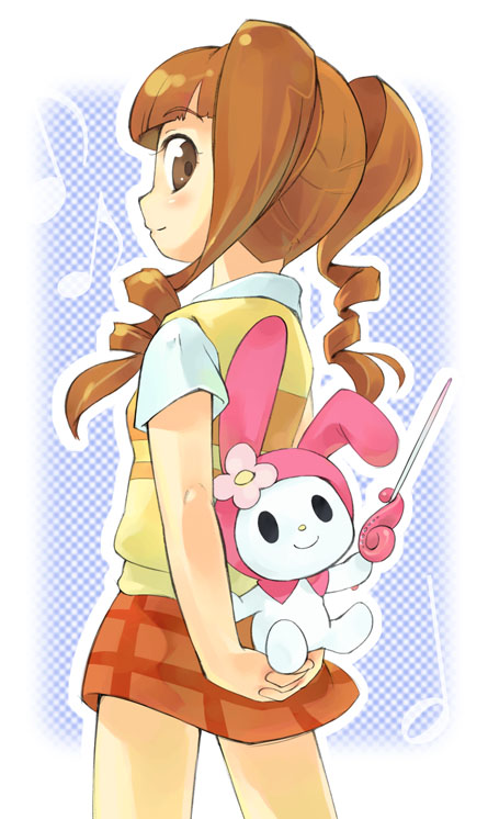 minawa, my melody, yumeno uta, onegai my melody, sanrio, 00s, 1girl, arms behind back, back-to-back, brown eyes, brown hair, drill hair, female focus, flower, from behind, long hair, looking at viewer, looking back, outline, own hands clasped, own hands together, plaid clothes, plaid shirt, plaid skirt, profile, rabbit, school uniform, shirt, skirt, smile, solo, vest