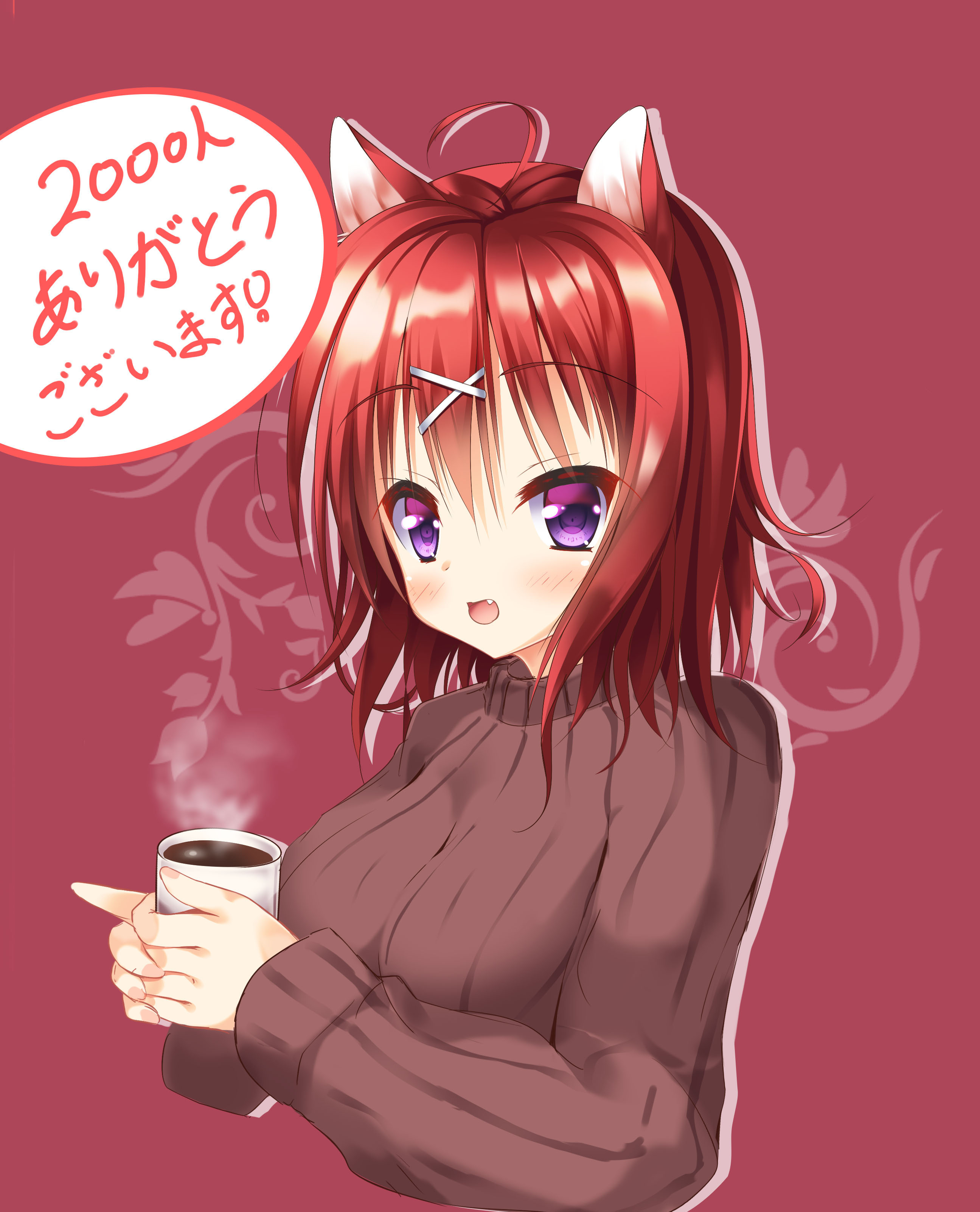 shrimp 3, masaki gaillard, amairo islenauts, absurdres, commentary request, highres, translated, 1girl, ahoge, alternate costume, animal ears, blush, brown sweater, casual, coffee, colored eyelashes, cropped torso, cup, drop shadow, fang, hair between eyes, hair ornament, hands up, holding, holding cup, index finger raised, long sleeves, looking at viewer, medium hair, milestone celebration, open mouth, purple eyes, red background, red hair, ribbed sweater, simple background, solo, speech bubble, steam, sweater, turtleneck, turtleneck sweater, upper body, wolf ears, wolf girl, x hair ornament