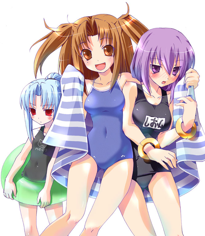 imu sanjo, len (tsukihime), sion eltnam (type-moon), sion eltnam atlasia, yumizuka satsuki, melty blood, tsukihime, type-moon, 00s, black one-piece swimsuit, innertube, name tag, one-piece swimsuit, red eyes, school swimsuit, swim ring, swimsuit, towel, twintails, two side up