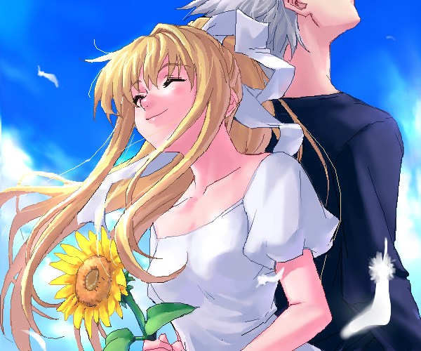 zen, kamio misuzu, kunisaki yukito, air (visual novel), 00s, 1boy, 1girl, cloud, day, falling feathers, feathers, flower, oekaki, outdoors, ponytail, sky, smile, solo focus, sunflower