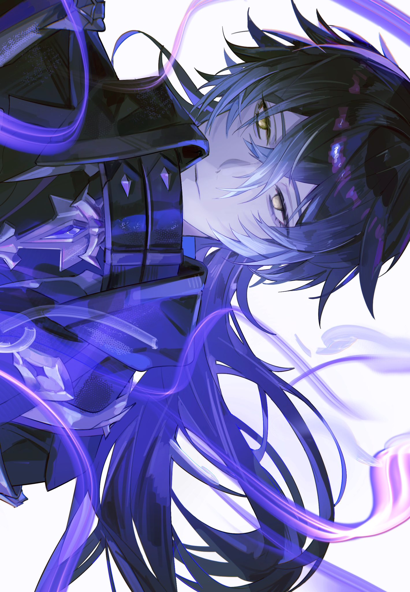 rise 06160, flins (genshin impact), genshin impact, hashtag-only commentary, highres, 1boy, black hair, closed mouth, gradient hair, hair between eyes, long hair, male focus, multicolored hair, sideways, simple background, solo, upper body, white background, white hair, yellow eyes