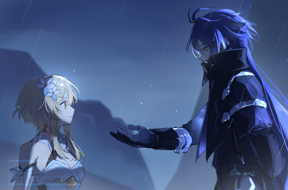 akasaki aimu, flins (genshin impact), lumine (genshin impact), genshin impact, commentary request, 1boy, 1girl, antenna hair, bare shoulders, black coat, black gloves, blonde hair, blue hair, blue sky, blurry, blurry background, bug, closed mouth, coat, collared coat, couple, detached sleeves, dress, firefly, flower, from side, gloves, hair between eyes, hair flower, hair ornament, hetero, high collar, insect, light smile, long hair, long sleeves, looking at another, looking to the side, looking up, night, night sky, orange eyes, outdoors, rain, reaching, reaching towards another, shade, short hair, sky, standing, star (sky), wavy hair, white dress, white flower