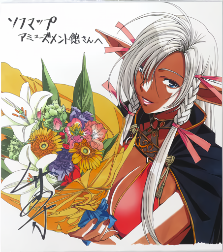 takei masaki, dragon knight 4, non-web source, official art, translation request, 1990s (style), 1girl, bouquet, braid, breasts, cape, dark-skinned female, dark elf, dark skin, elf, flower, holding, holding bouquet, large breasts, long hair, long pointy ears, looking at viewer, marlene (dragon knight), pointy ears, retro artstyle, smile, solo, upper body, white background, white hair