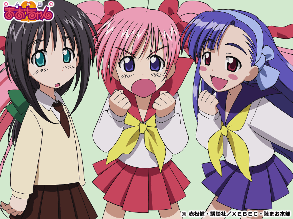yanagisawa masahide, maruyama sylvia, onigawara mao, tsukishima misora, rikujou boueitai mao-chan, official art, 00s, 3girls, angry, aqua eyes, black hair, blue eyes, blue hair, blue skirt, blush, bow, brown necktie, brown skirt, green ribbon, hair bow, hair ribbon, long hair, long sleeves, looking at viewer, maochan, multiple girls, neckerchief, necktie, open mouth, pink hair, pleated skirt, ponytail, red eyes, red ribbon, red skirt, ribbon, school uniform, serafuku, shirt, skirt, smile, standing, sweater, twintails, very long hair, white shirt, yellow neckerchief