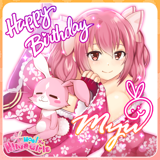 momochi myu, moe! ninja girls, official art, 1girl, animal ears, blush, breasts, character name, cleavage, closed eyes, closed mouth, english text, fuu (moe! ninja girls), happy birthday, heart, large breasts, long hair, looking at viewer, pink eyes, pink hair, rabbit ears, smile, solo, twintails