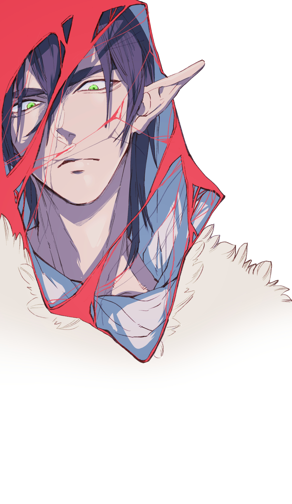 matudairaks, hero (dq1), dragon quest, dragon quest builders, commentary request, highres, 1boy, alternate design, black hair, dark persona, fur trim, green eyes, looking down, male focus, medium hair, official alternate costume, pointy ears, red hood, solo, torn hood, upper body, white background
