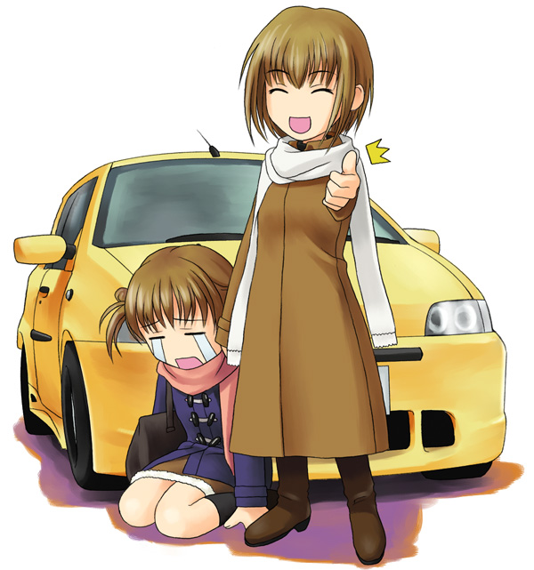 fukuzawa yumi, satou sei, abarth, fiat, maria-sama ga miteru, 00s, 2girls, bag, boots, brown hair, car, coat, dorifto, fiat punto, fiat punto abarth, motor vehicle, multiple girls, scarf, short hair, simple background, smile, tears, thumbs up, trench coat, white background