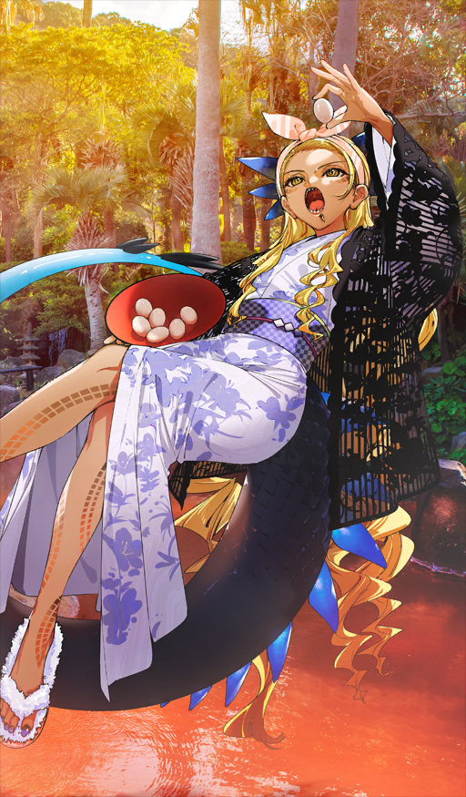 la-na, vritra (fate), fate/grand order, fate (series), commentary request, game cg, official art, third-party source, 1girl, black haori, blonde hair, chin piercing, crossed legs, day, dragon girl, dragon horns, egg, face piercing, facial mark, hairband, haori, holding, holding egg, horns, japanese clothes, kimono, long hair, long sleeves, looking up, midair, obi, official alternate costume, onsen, open mouth, outdoors, photo background, piercing, purple kimono, purple nails, purple sash, ringed eyes, sandals, sash, sharp teeth, solo, teeth, toenails, uvula, very long hair, white sandals, yellow eyes