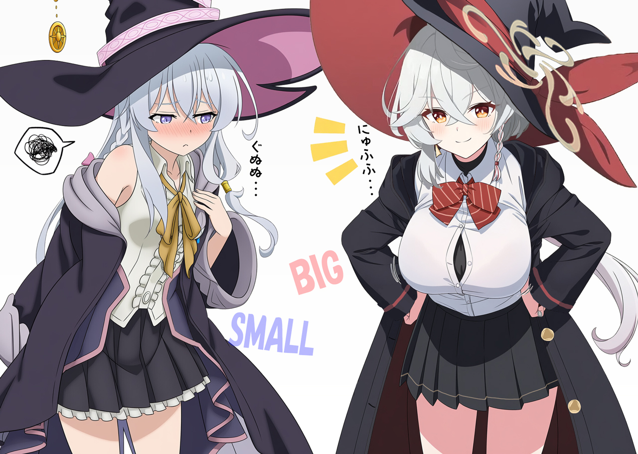 anchey00, elaina (majo no tabitabi), eri (blue archive), blue archive, majo no tabitabi, animated, animated gif, 2girls, blush, bow, bowtie, braid, breasts, broom, card, crossover, english text, flat chest, halo, hat, holding, holding card, jacket, large breasts, long coat, long hair, multiple girls, orange eyes, shirt, skirt, sleeveless, sleeveless shirt, speech bubble, staring, sweater, white hair, witch hat