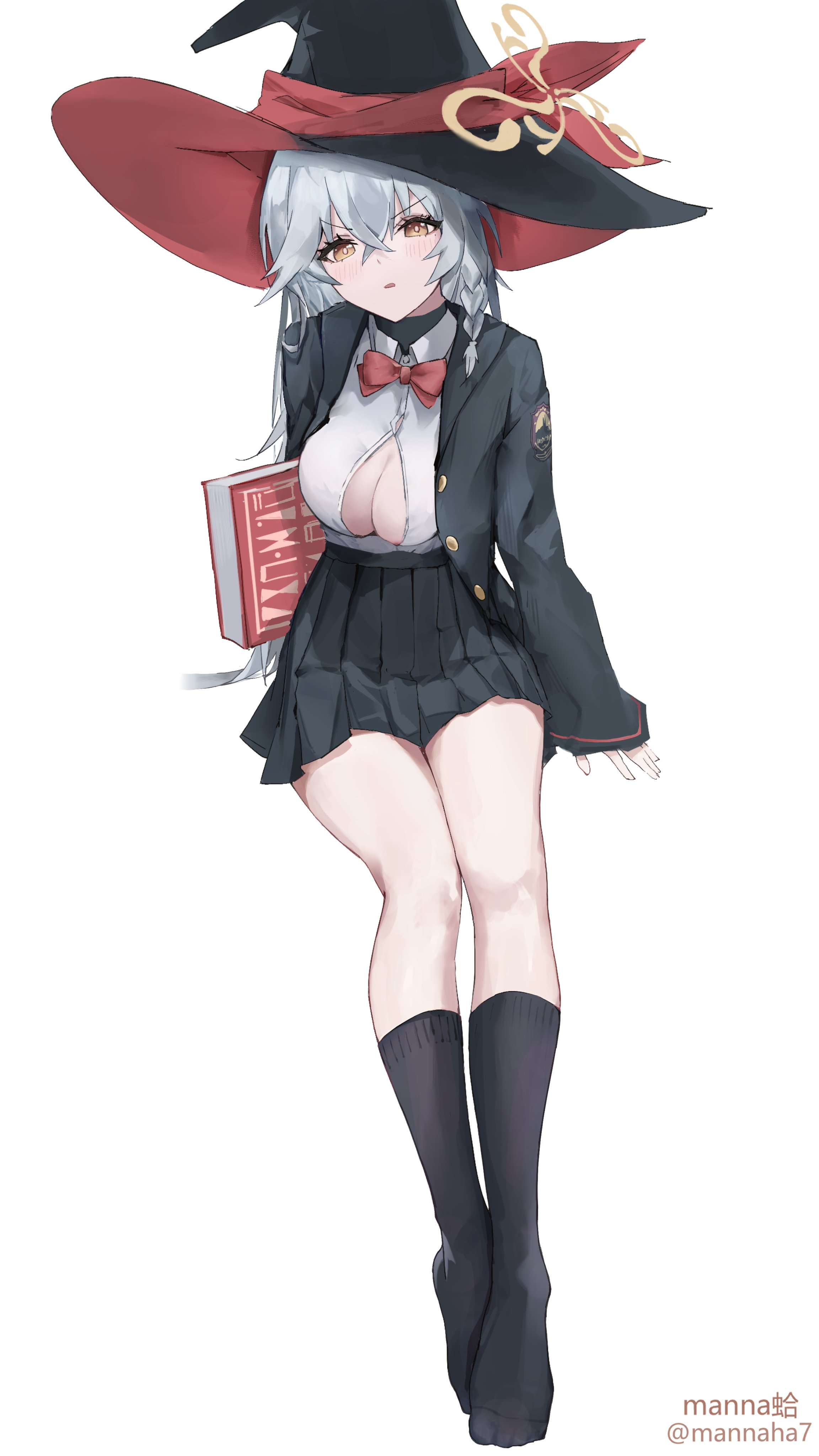 mannaha7, eri (blue archive), blue archive, ankle socks, book, bow, bowtie, braid, halo, hat, jacket, long coat, long hair, orange eyes, panties, partially unbuttoned, shirt, skirt, socks, sweater, underwear, upskirt, white hair, witch hat