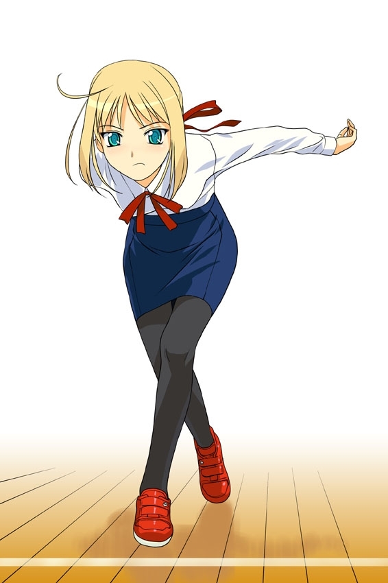 a1 (initial-g), artoria pendragon (fate), saber (fate), fate/stay night, fate (series), 00s, 1girl, ahoge, alternate costume, aqua eyes, arm behind back, bent over, black pantyhose, blonde hair, blouse, blush, bowling, breasts, crossed legs, female focus, frown, full body, gradient background, green eyes, hair ribbon, indoors, long sleeves, looking at viewer, outstretched arms, pantyhose, parted bangs, pencil skirt, ribbon, shadow, shirt, shoes, short hair, sidelocks, skirt, small breasts, solo, standing, throwing, tiptoes, white shirt, wooden floor
