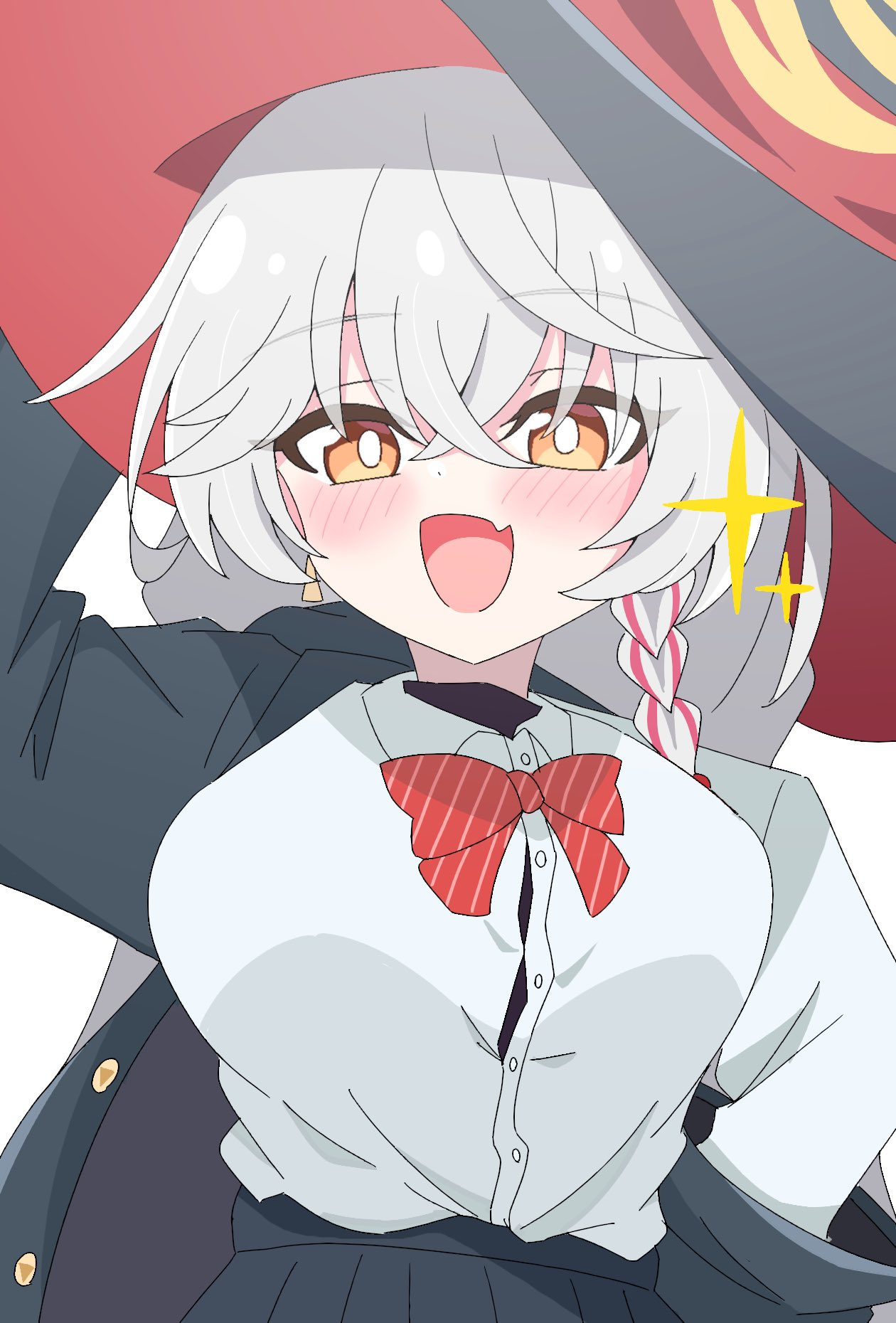 shimotsukiya, eri (blue archive), blue archive, bow, bowtie, braid, earrings, halo, hat, jacket, jewelry, long coat, long hair, orange eyes, shirt, skirt, sparkle, sweater, white hair, witch hat