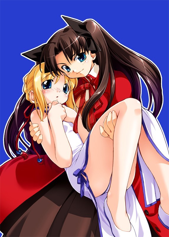 r-gray, artoria pendragon (fate), saber (fate), tohsaka rin, fate/stay night, fate (series), 00s, 2girls, blonde hair, blue background, blush, carrying, china dress, chinese clothes, dress, female focus, multiple girls, panties, princess carry, simple background, sleeveless, sleeveless dress, two side up, underwear, yuri