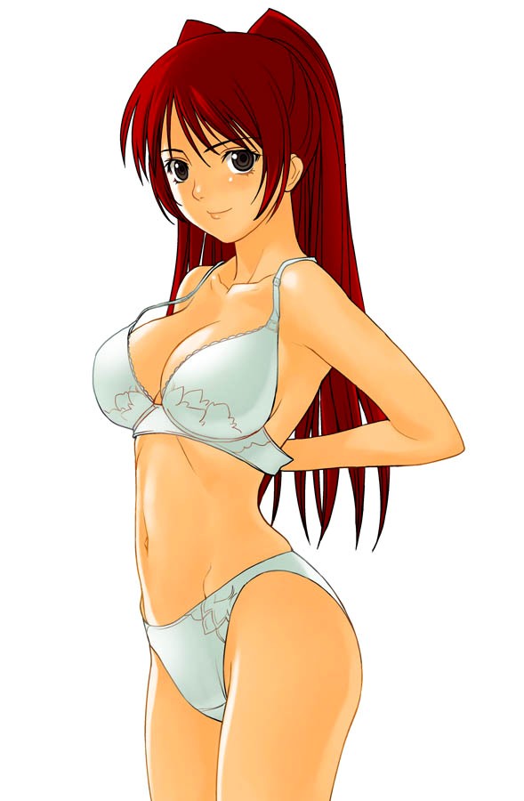 kousaka tamaki, to heart 2, a1, 00s, 1girl, adjusting bra, adjusting clothes, blush, bra, brown eyes, lingerie, long hair, navel, panties, red hair, solo, standing, underwear, underwear only, undressing, white panties