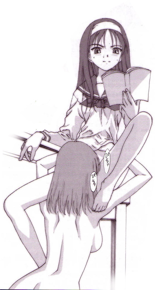 kohaku (tsukihime), tohno akiha, tsukihime, artist request, translated, 00s, 2girls, backboob, barefoot, book, bottomless, breasts, chair, completely nude, convenient censoring, convenient head, cunnilingus, feet, female focus, medium breasts, monochrome, multiple girls, multitasking, nude, on chair, open book, oral, reading, school uniform, serafuku, sideboob, sitting, spread legs, sweat, table, yuri