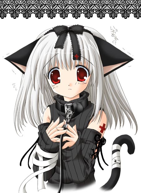 nekoneko, 1girl, animal ears, cat ears, cat tail, collar, female focus, goth fashion, leash, red eyes, ribbon, solo, tail, tail ornament, tail ribbon, white hair