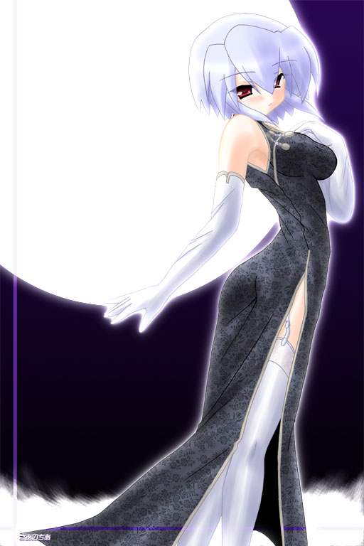 kotonomiya yuki, suigetsu, 1girl, blue hair, blush, china dress, chinese clothes, dress, elbow gloves, female focus, full moon, garter belt, gloves, moon, night, outdoors, red eyes, short hair, side slit, solo, thighhighs, white gloves, white thighhighs