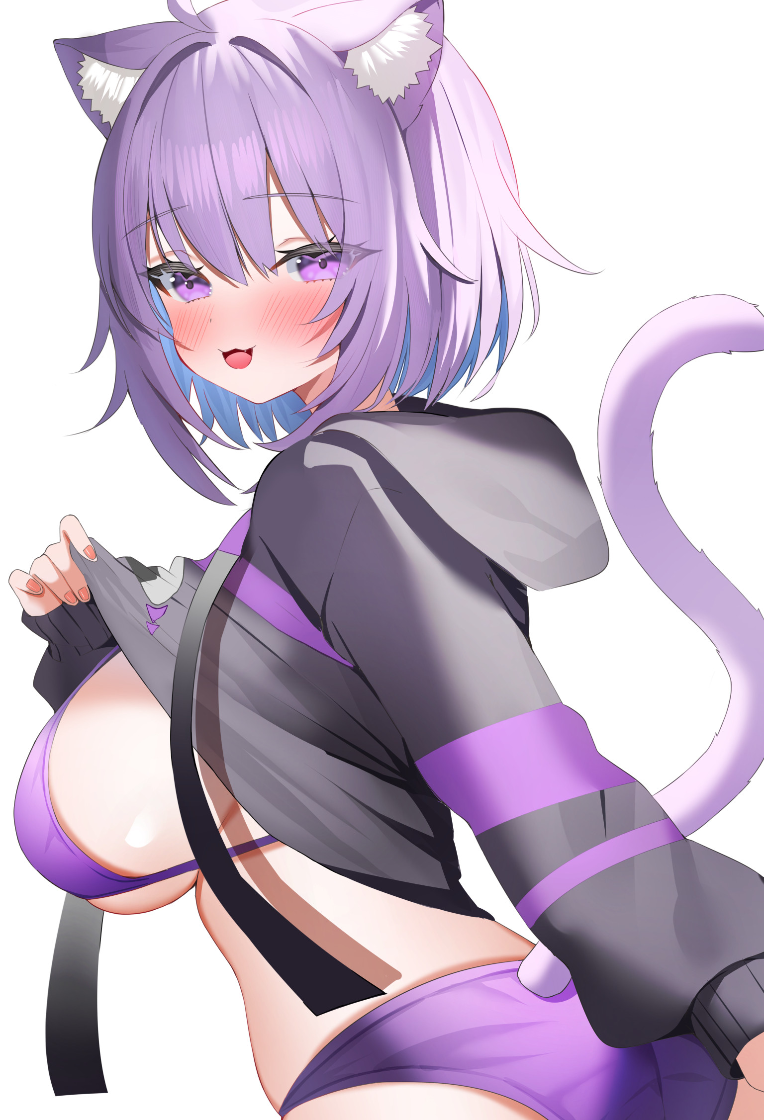 aa44, nekomata okayu, hololive, highres, 1girl, animal ears, ass, bikini, black hoodie, breasts, cat ears, cat girl, cat tail, clothes lift, hood, hoodie, hoodie lift, large breasts, purple bikini, purple eyes, purple hair, short hair, simple background, solo, swimsuit, tail, virtual youtuber, white background