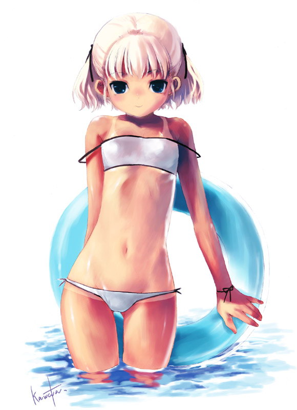 kawata hisashi, duplicate, 1girl, bare shoulders, bikini, blue eyes, flat chest, innertube, lowleg, lowleg bikini, lowleg panties, navel, one-piece tan, panties, ribbon, smile, solo, swimsuit, tan, tanline, underwear, white hair