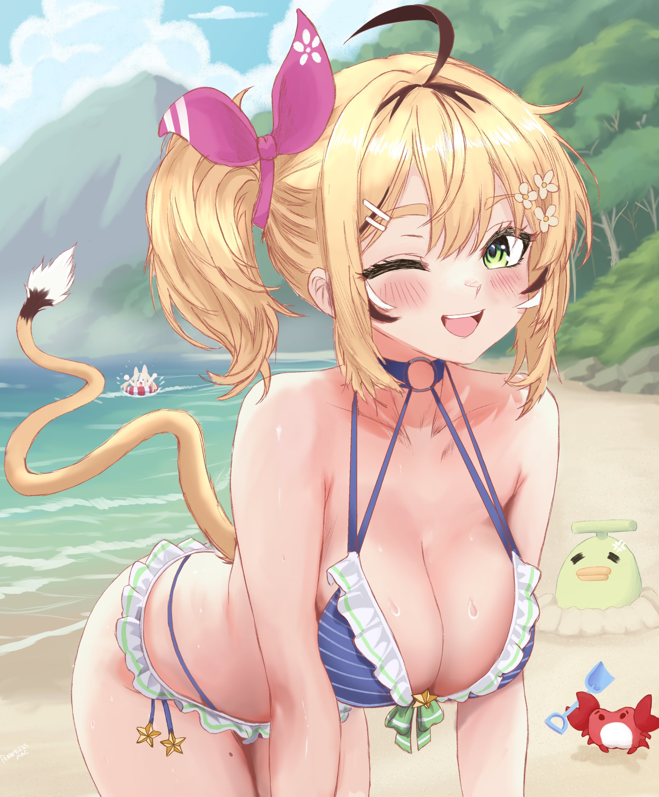 pennylessmac, dooby (vtuber), kaniki (sameko saba), kippu (dooby), sameko saba, indie virtual youtuber, absurdres, commentary, highres, 2girls, ahoge, beach, bent over, bikini, black hair, blonde hair, blue bikini, blush, bow, breasts, cleavage, cowboy shot, dooby (summer) (vtuber), flower, frilled bikini, frills, green eyes, hair bow, hair flower, hair ornament, large breasts, looking at viewer, mouse girl, mouse tail, multi-strapped bikini top, multicolored hair, multiple girls, ocean, official alternate costume, one eye closed, open mouth, outdoors, pink bow, sand, side ponytail, solo focus, standing, streaked hair, swimsuit, tail, teeth, upper teeth only, white flower