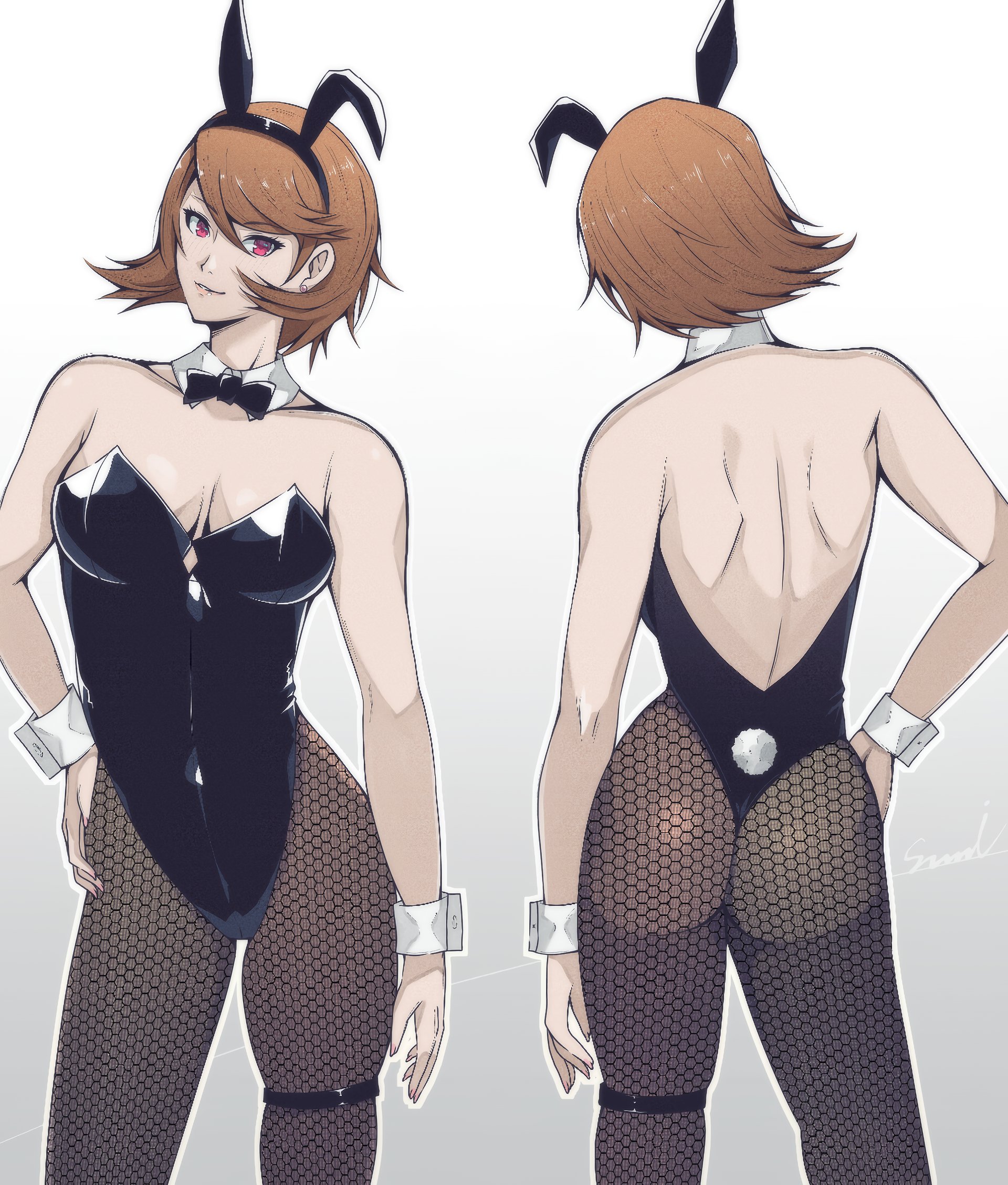 corner50777313, takeba yukari, persona, persona 3, highres, mixed-language commentary, 1girl, animal ears, ass, back, bare shoulders, black bow, black bowtie, black leotard, bow, bowtie, breasts, brown hair, bunny day, cleavage, detached collar, earrings, fake animal ears, fake tail, feet out of frame, fishnet pantyhose, fishnets, flipped hair, from behind, gradient background, hair between eyes, hand on own hip, jewelry, leotard, looking at viewer, medium breasts, multiple views, pantyhose, parted lips, pearl earrings, playboy bunny, rabbit ears, rabbit tail, red eyes, short hair, standing, strapless, strapless leotard, stud earrings, tail, thigh strap, thong leotard, wrist cuffs