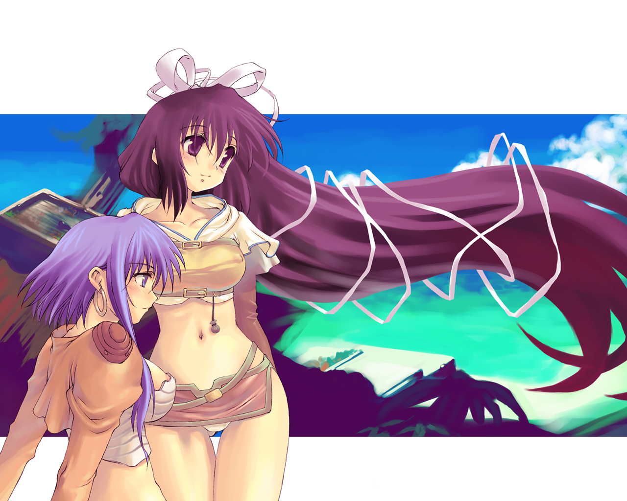 morii shizuki, ragnarok online, 2girls, areola slip, long hair, midriff, multiple girls, ribbon, thighs, white background