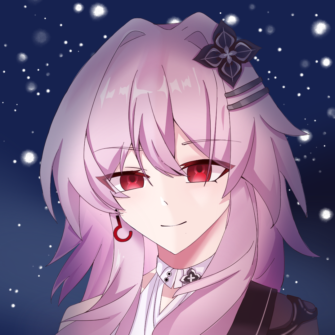 evernight (honkai: star rail), march 7th (honkai: star rail), honkai: star rail, honkai (series), chinese commentary, commentary request, 1girl, black dress, dress, earrings, flower, hahahahahahaha, hair flower, hair intakes, hair ornament, jewelry, long hair, pink hair, portrait, red eyes, sky, smile, solo, star (sky), starry sky