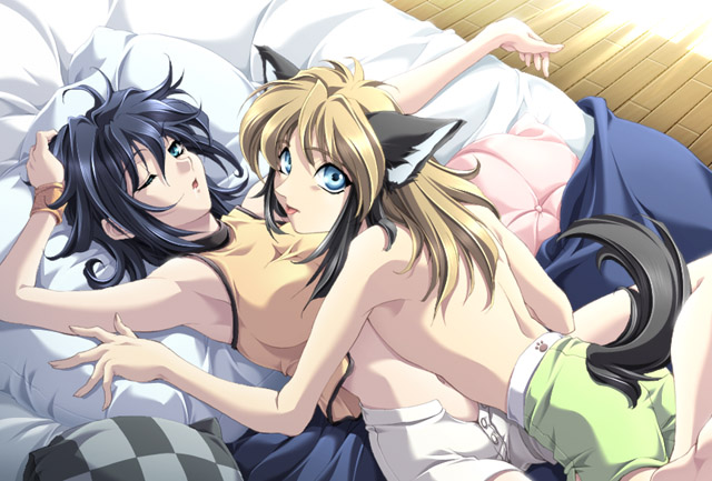 yumemishi asaki, original, 2girls, ;o, animal ears, armpits, blue eyes, blue hair, brown hair, dog ears, looking at viewer, looking back, lying, lying on person, multiple girls, on back, one eye closed, tongue, topless female, yuri