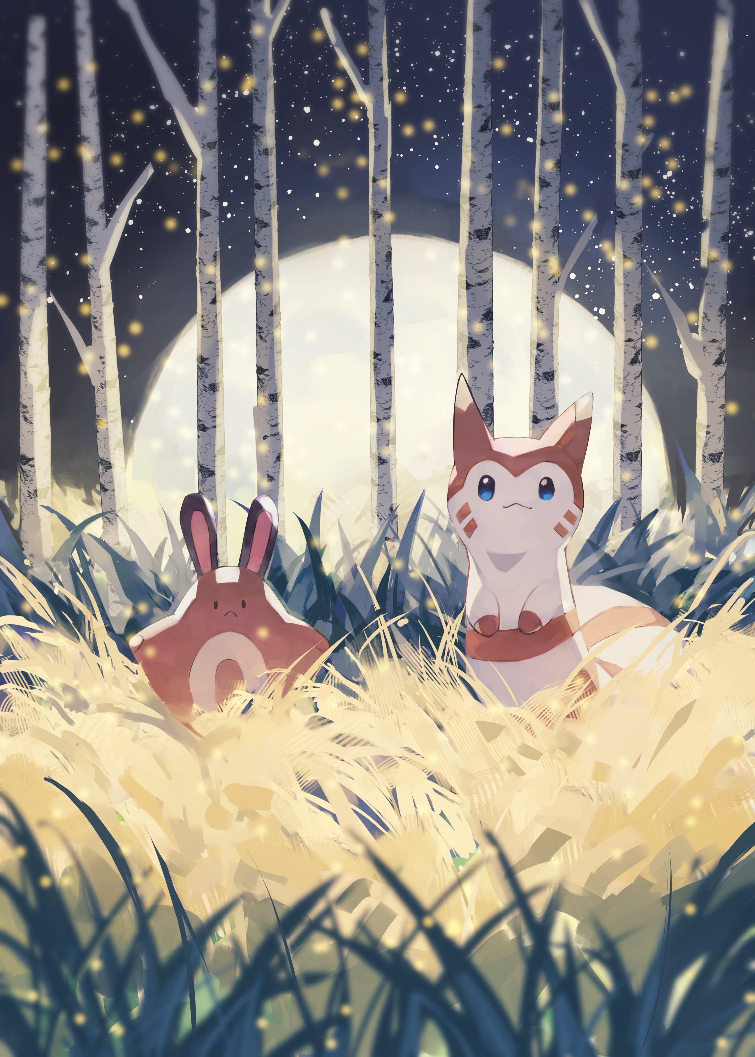 gara (qbeuxvii22), furret, sentret, nintendo, pokemon, absurdres, highres, black eyes, blue eyes, closed mouth, evolutionary line, gen 2 pokemon, grass, looking at viewer, moon, night, no humans, outdoors, pokemon (creature), smile, tree