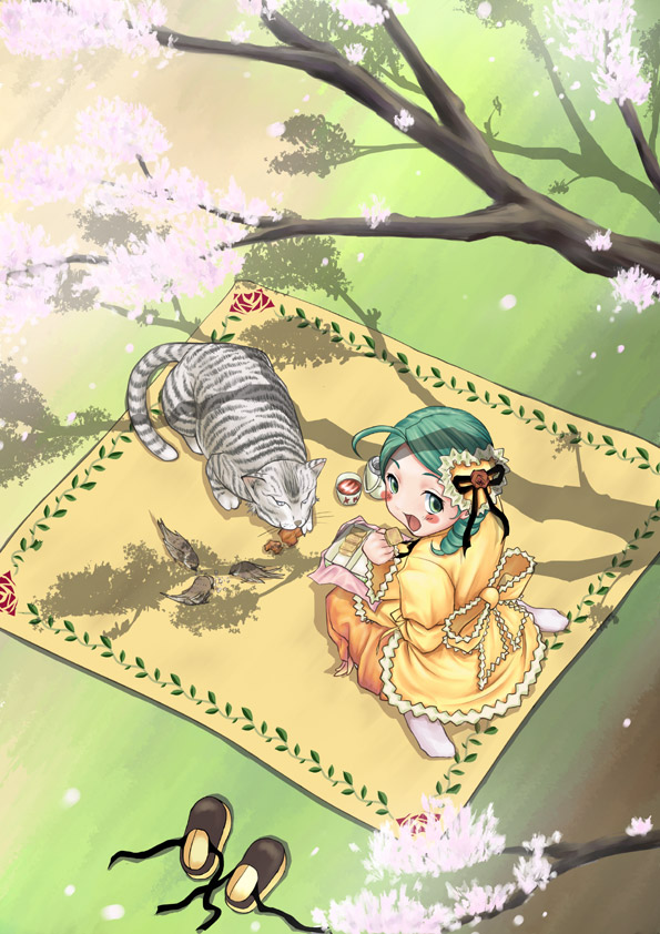shirayuki shoushirou, kanaria, rozen maiden, 00s, 1girl, bird, blush, cat, cherry blossoms, dress, female focus, from above, green eyes, green hair, hair ornament, matching hair/eyes, open mouth, picnic, shoes, sitting, socks, solo, sparrow, tree, unworn shoes, wariza