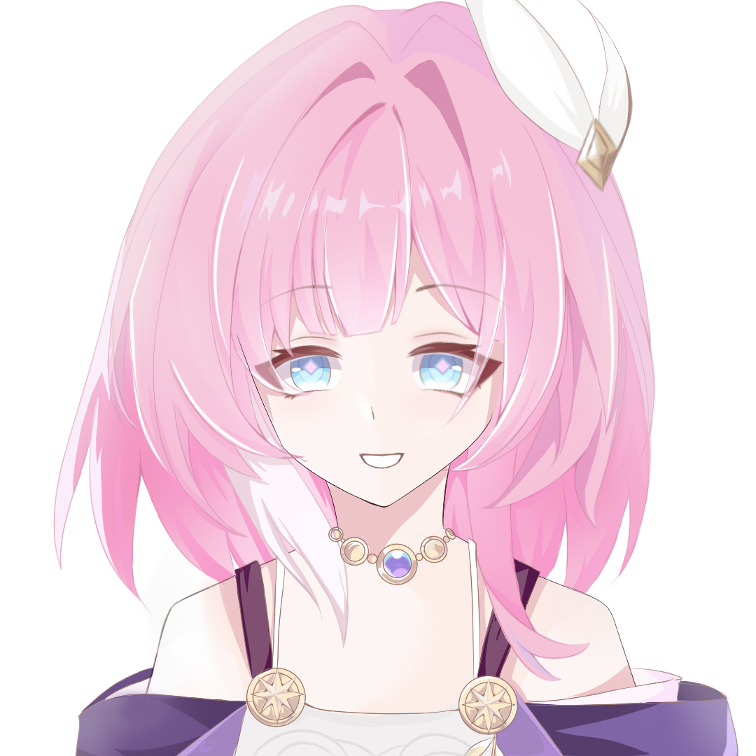 cyrene (honkai: star rail), honkai: star rail, honkai (series), chinese commentary, commentary request, 1girl, bare shoulders, blue eyes, coat, dress, hahahahahahaha, jewelry, looking at viewer, medium hair, multicolored hair, necklace, pink hair, portrait, purple coat, solo, two-tone hair, white background, white dress, white hair