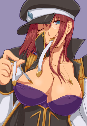forte stollen, broccoli (company), galaxy angel, 00s, 1girl, areola slip, blue eyes, breasts, cleavage, coat, female focus, hat, large breasts, monocle, mouth hold, one eye closed, purple background, red hair, short hair, solo