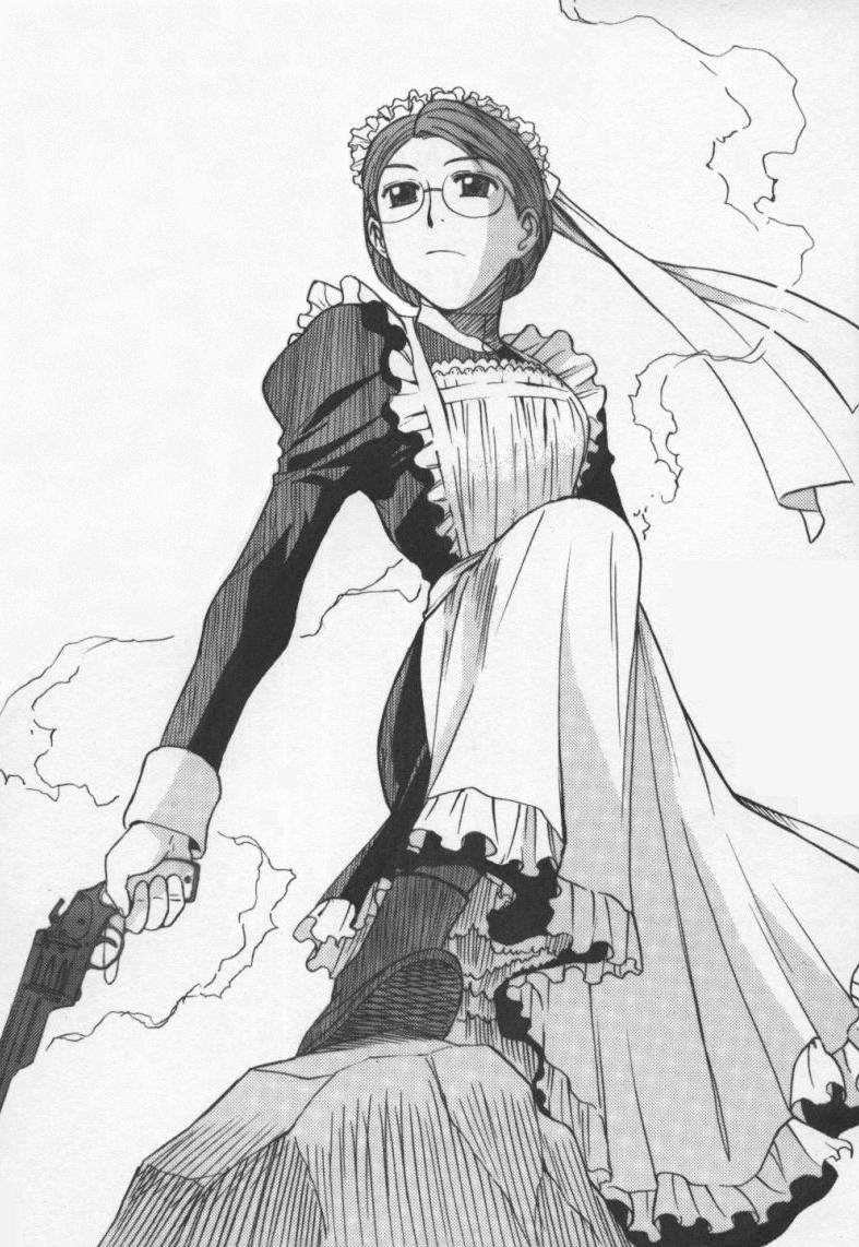 mekongdelta, emma, emma (victorian romance emma), victorian romance emma, 00s, 1girl, boots, female focus, glasses, greyscale, gun, handgun, hat, maid, mob cap, monochrome, revolver, solo, weapon