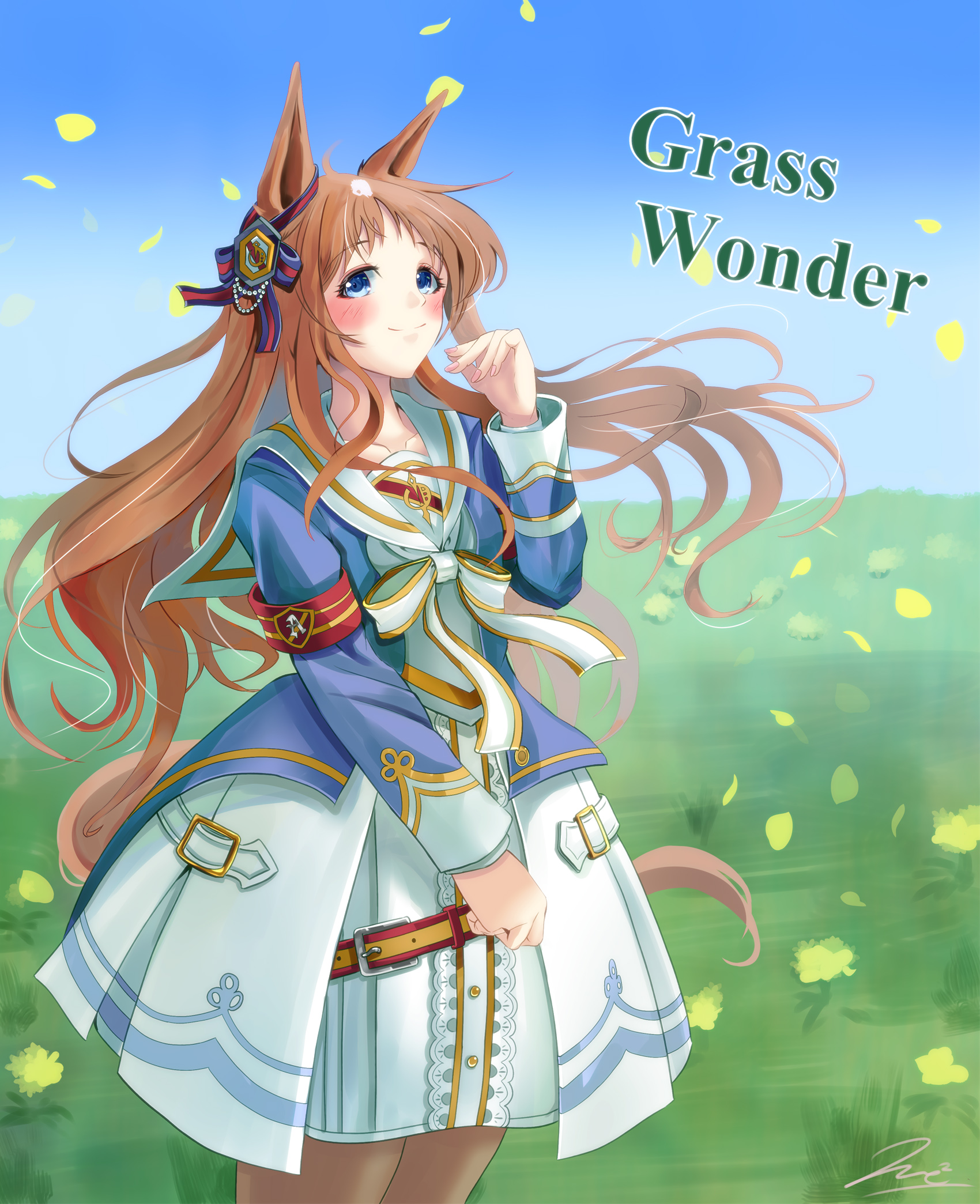 yumibakama meme, grass wonder (umamusume), umamusume, highres, 1girl, animal ears, armband, blue eyes, blue jacket, blush, bow, brown hair, closed mouth, cloud, cloudy sky, collarbone, dandelion, dress, ear bow, ear ornament, ear ribbon, falling petals, field, flower, grass, horse ears, horse girl, horse tail, jacket, long hair, long sleeves, multicolored hair, outdoors, petals, red armband, sailor collar, sky, smile, solo, tail, white dress, white hair, white sailor collar