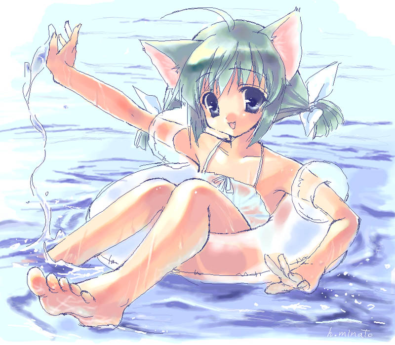 minato hiromu, original, 1girl, ahoge, animal ears, barefoot, blue eyes, cat ears, female focus, green hair, innertube, partially submerged, sitting, soaking feet, solo, splashing, swim ring, water