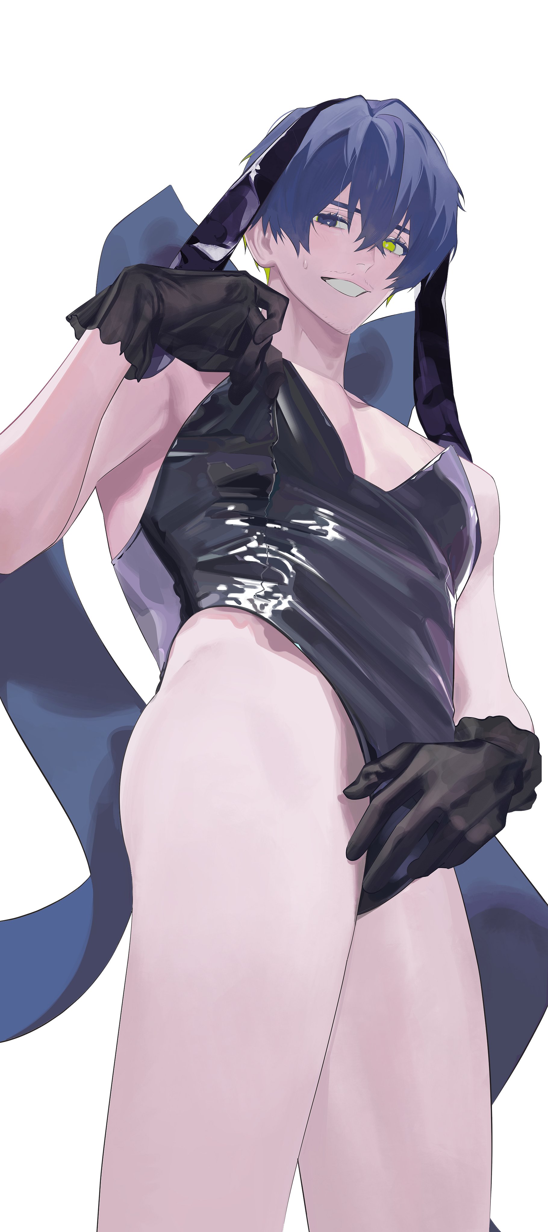 oliver aiku, blue lock, absurdres, commentary request, highres, 1boy, alternate costume, animal ears, beard stubble, black gloves, blue eyes, crossdressing, crossdressing (mtf), facial hair, from below, gloves, heterochromia, leotard, linus 02202, looking at viewer, male focus, pectorals, playboy bunny, rabbit ears, simple background, smile, solo, stubble, thighs, white background, yellow eyes