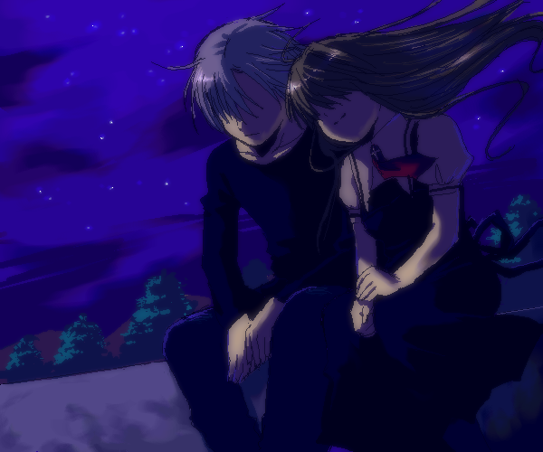 wemu (ivycrown), kamio misuzu, kunisaki yukito, toono minagi, air (visual novel), 00s, 1boy, 1girl, leaning, leaning on person, night, night sky, oekaki, sky, star (sky), starry sky, wind