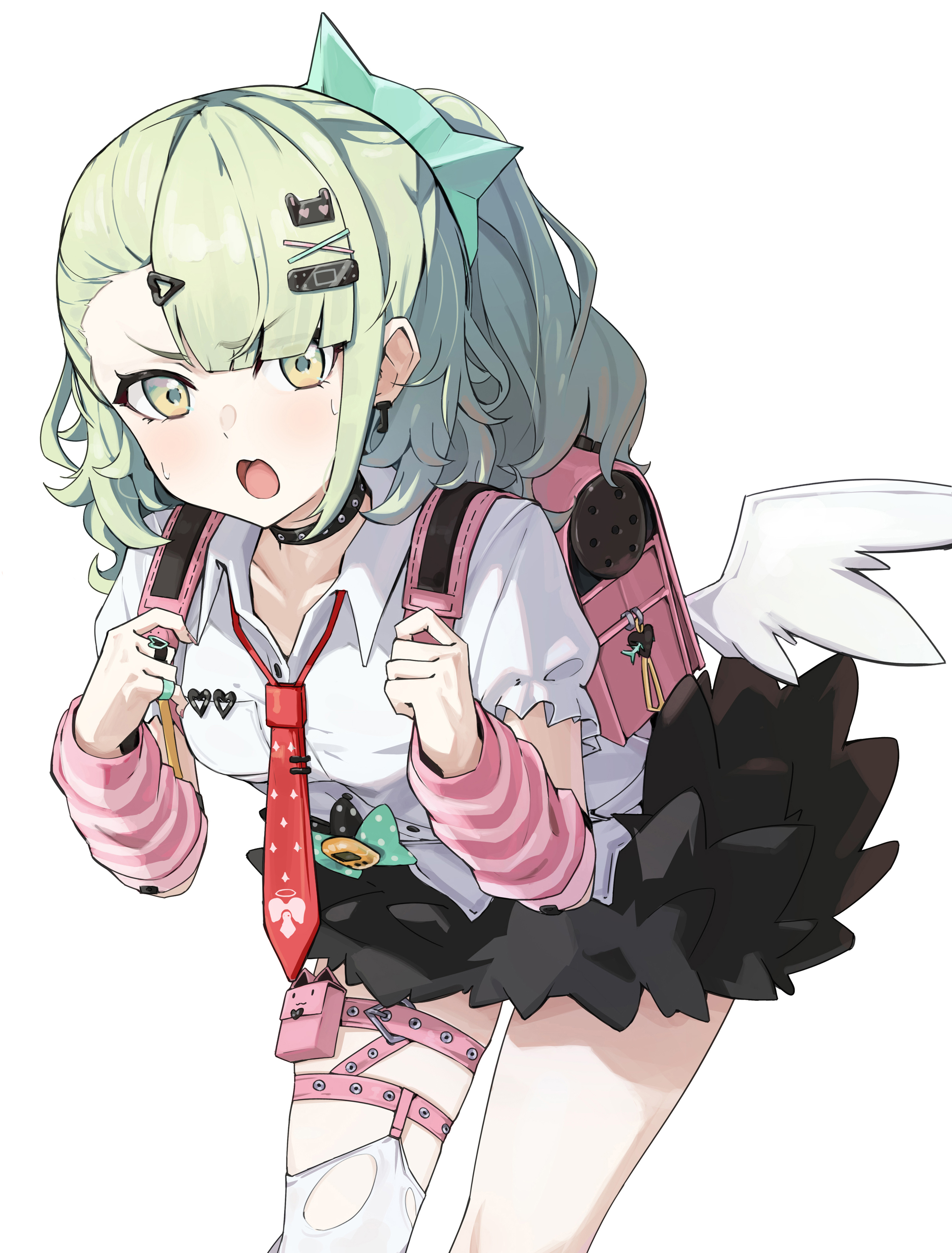 isuhi, chinatsu remiel, zenless zone zero, absurdres, commentary, highres, 1girl, bandaid, bandaid hair ornament, bent over, black choker, black skirt, breasts, choker, collared shirt, cowboy shot, green eyes, green hair, hair ornament, hairclip, long hair, looking at viewer, necktie, open mouth, pink bag, red necktie, shirt, simple background, single thighhigh, skirt, sweat, thighhighs, white background, white shirt, white thighhighs