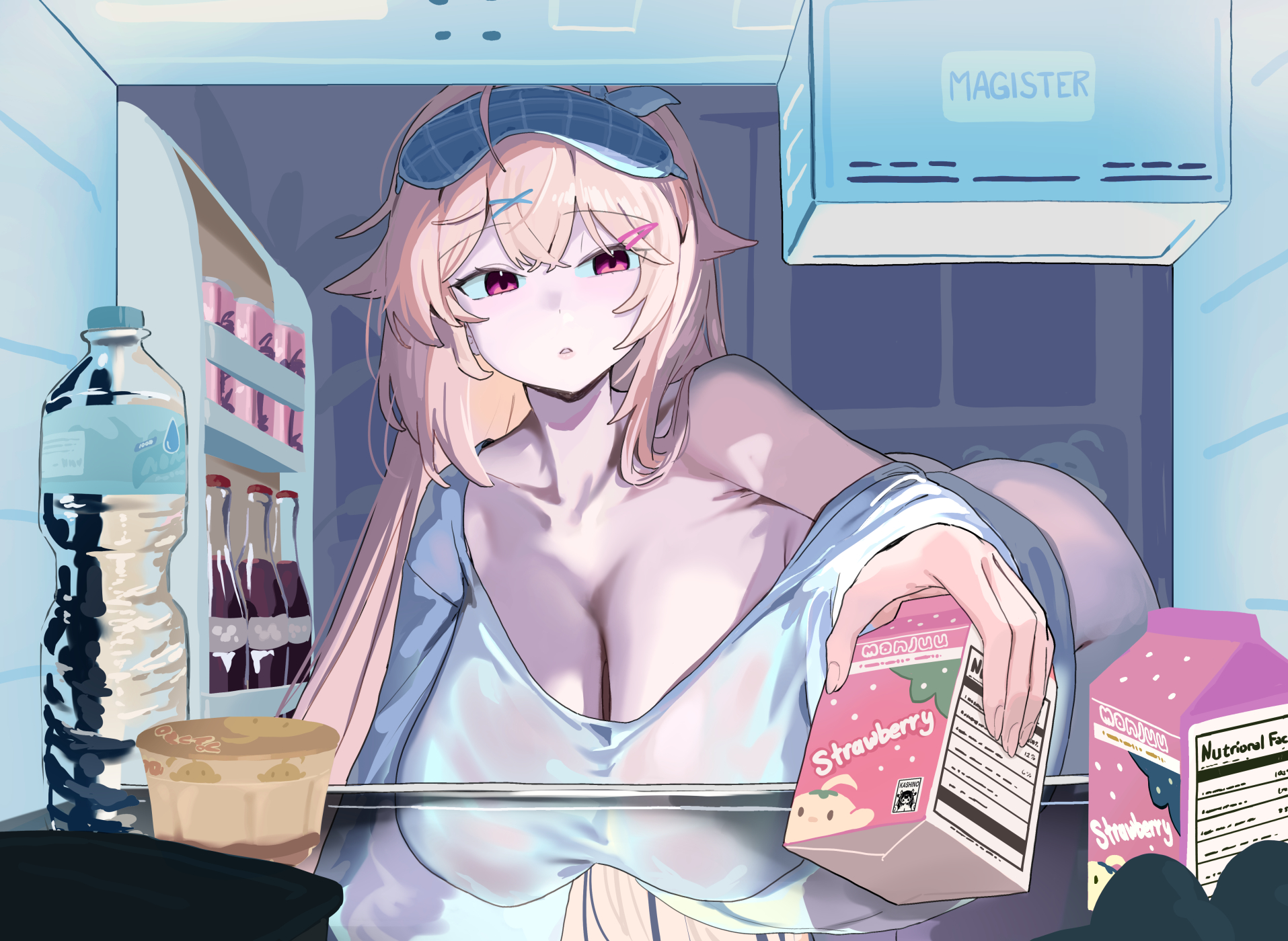 magister, anchorage (azur lane), anchorage (sweet evening milk) (azur lane), azur lane, highres, 1girl, bare shoulders, blonde hair, breasts, cleavage, large breasts, long hair, long sleeves, mask, mask on head, milk carton, off shoulder, pink eyes, refrigerator, sleep mask, solo, strawberry milk