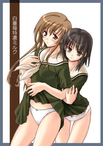 asaga aoi, nijou noriko, toudou shimako, maria-sama ga miteru, 00s, 2girls, bow, bow panties, clothes lift, dress, dress lift, hair between eyes, holding, multiple girls, neckerchief, panties, pleated skirt, school uniform, serafuku, skirt, thigh gap, thighhighs, thighs, underwear, white neckerchief, white panties, yuri
