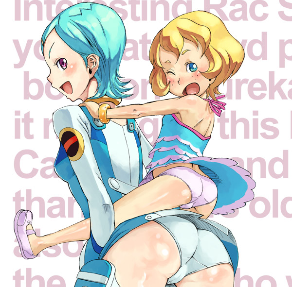 sfix, suka kusujirou, eureka (eureka seven), maeter, eureka seven, eureka seven (series), 00s, 2girls, ass, carrying, dress, english text, leg lift, multiple girls, one eye closed, panties, pantyshot, piggyback, trefoil, underwear, white panties, wink