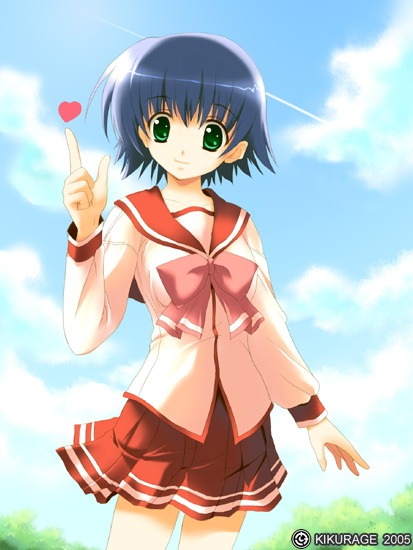 kikurage (plastic people), tonami yuma, to heart (series), to heart 2, 00s, 1girl, 2005, blue hair, cloud, day, female focus, green eyes, heart, school uniform, serafuku, solo