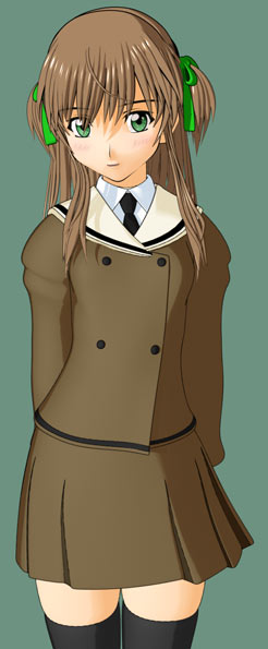 ekkusu kyuuzu, tsukino, azusagawa tsukino, yakitate!! japan, 00s, 1girl, 3d, arms at sides, black necktie, black thighhighs, female focus, green background, long sleeves, necktie, school uniform, serafuku, solo, standing, thighhighs, two side up, zettai ryouiki