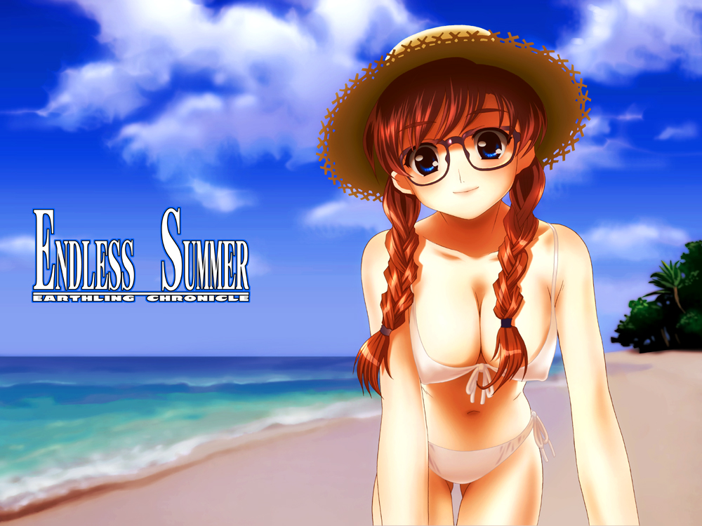soshina nohito, original, 1girl, beach, bent over, bikini, blue eyes, braid, breasts, brown hair, cleavage, cloud, covered erect nipples, day, female focus, front-tie top, glasses, hair over shoulder, hat, large breasts, outdoors, side-tie bikini bottom, smile, solo, straw hat, string bikini, swimsuit, twin braids