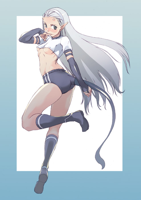 takeda sun, silver hair, 1girl, border, breasts, buruma, demon, demon girl, double vertical stripe, female focus, gradient border, gym uniform, hairband, horns, kneehighs, long hair, medium breasts, midriff, outside border, pointy ears, simple background, socks, solo, tail, tail hole, thighs, underboob, very long hair, white background