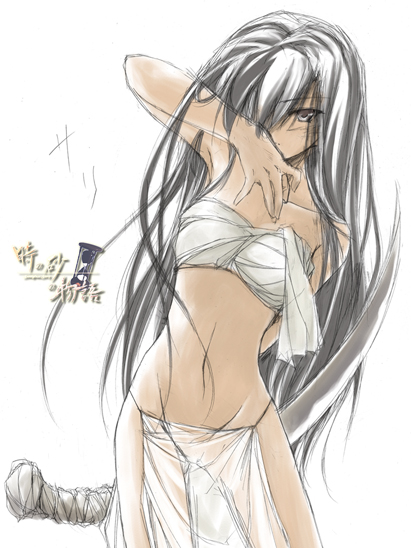 sanada hideki, 1girl, black hair, female focus, grey eyes, loincloth, pelvic curtain, pussy, see-through clothes, simple background, solo, thighs, white background
