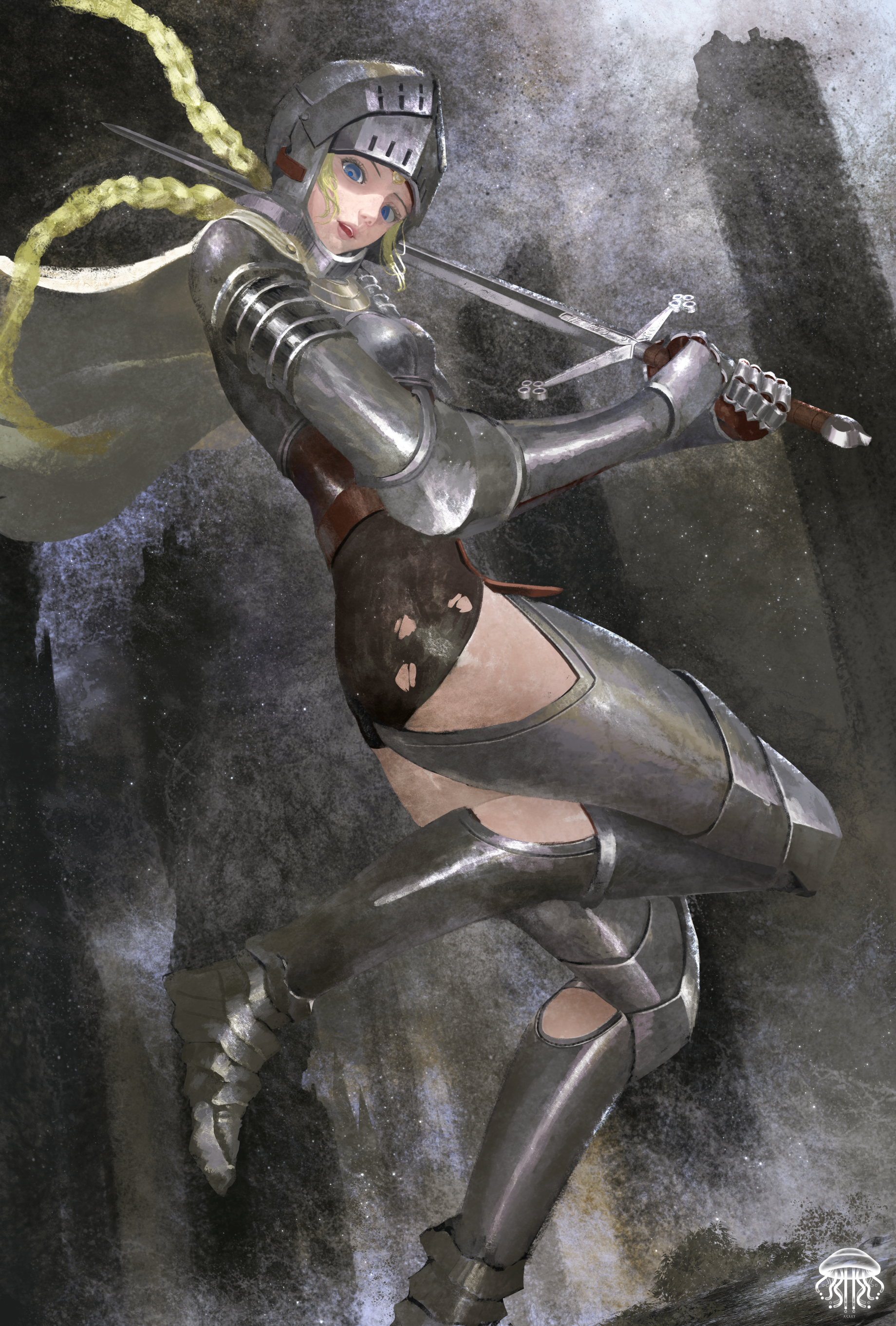 asaki (asaki vision), original, absurdres, commentary, commission, english commentary, highres, skeb commission, 1girl, armor, blonde hair, blue eyes, boobplate, braid, breastplate, cape, full body, gauntlets, greaves, helmet, holding, holding sword, holding weapon, midair, open mouth, smile, solo, sword, twin braids, visor (armor), weapon, white cape
